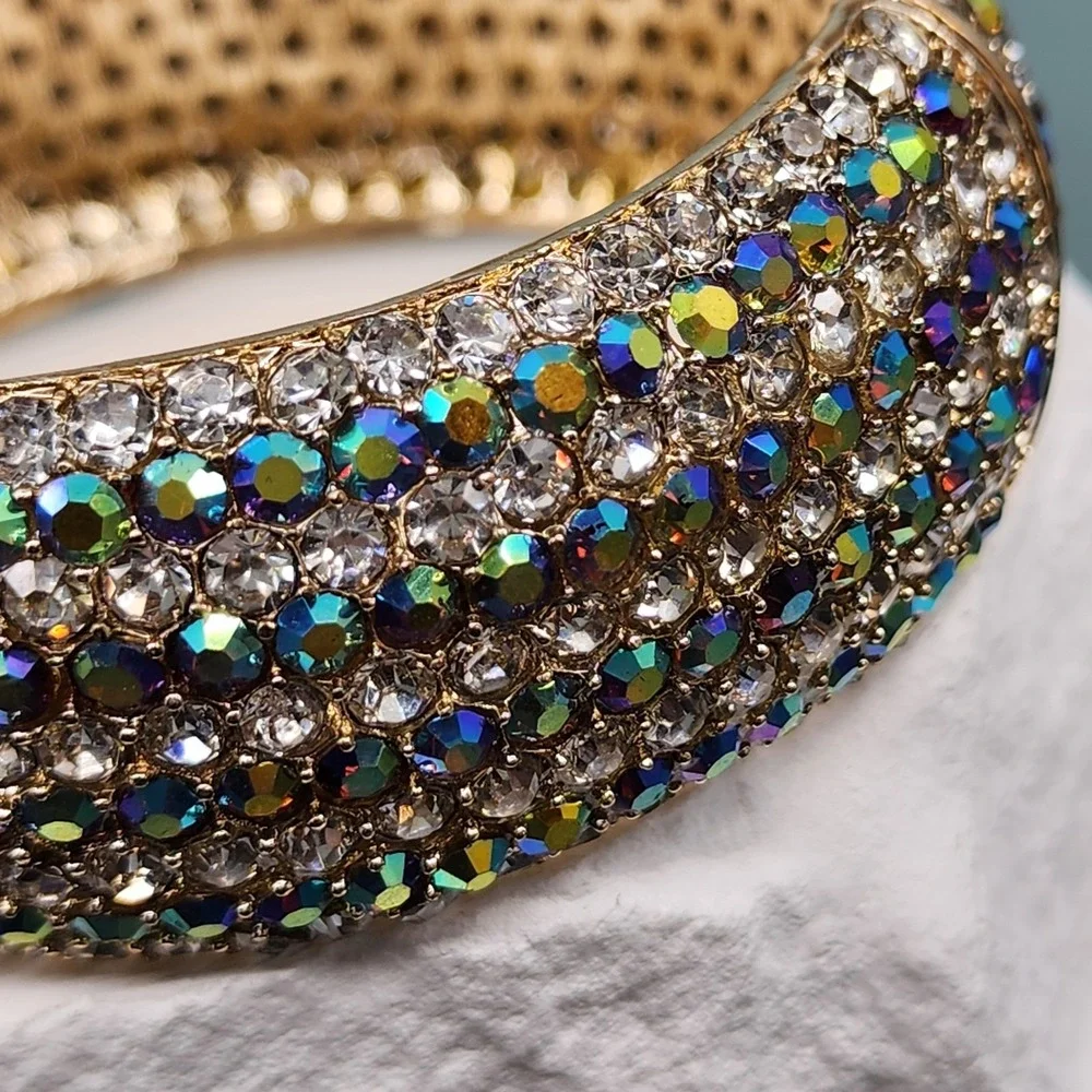 Aurora Borealis Rhinestone Wide Hinged Bangle Bracelet Gold Tone Glam Statement